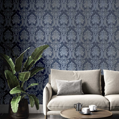 Galerie Italian Style Blue Classic Floral Damask Wallpaper Roll