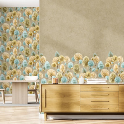 Galerie Julie Feels Home Beige Large Tilia Trees and Plain Twinwall 4-panel Wall Mural