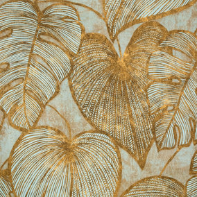 Galerie Julie Feels Home Blue/Gold Large Shimmery Monstera Leaf Wallpaper Roll