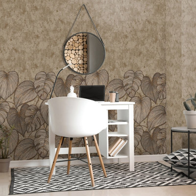 Galerie Julie Feels Home Bronze Large Monstera Leaf and Plain Twinwall 4-panel Wall Mural