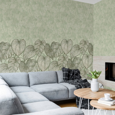 Galerie Julie Feels Home Green Large Monstera Leaf and Plain Twinwall 4-panel Wall Mural