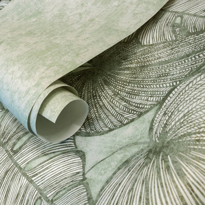 Galerie Julie Feels Home Green Large Monstera Leaf and Plain Twinwall 4-panel Wall Mural