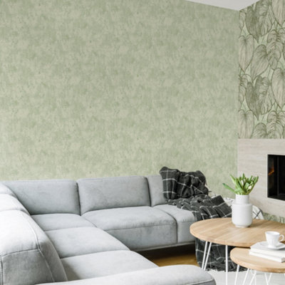 Galerie Julie Feels Home Green Shimmery Plain Texture Wallpaper Roll