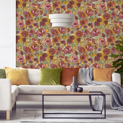Galerie Julie Feels Home Red Large Paeonia Shimmery Flowers Wallpaper Roll