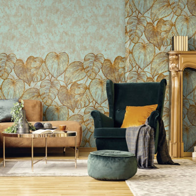 Galerie Julie Feels Home Teal Large Monstera Leaf and Plain Twinwall 4-panel Wall Mural