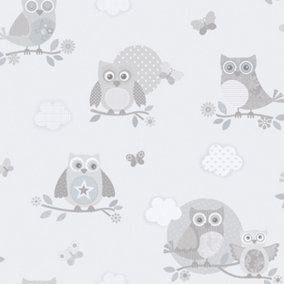 Galerie Just 4 Kids 2 Grey Mono Owls Smooth Wallpaper