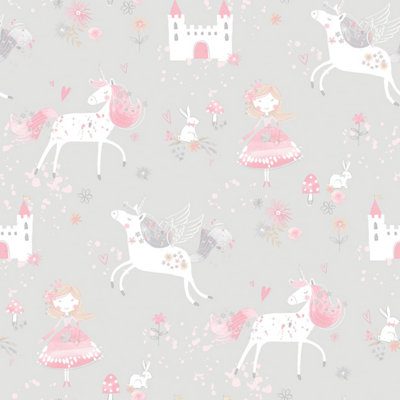 Galerie Just 4 Kids 2 Grey Pink Unicorns & Princesses Smooth Wallpaper