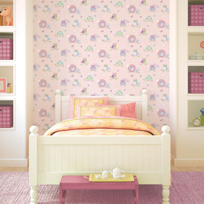 Galerie Just 4 Kids 2 Pink Blue Purple Green Colourful Owls Smooth Wallpaper