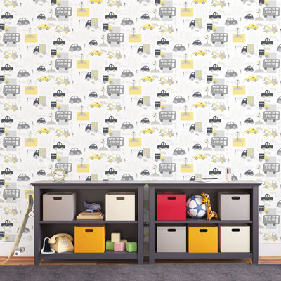 Galerie Just 4 Kids 2 Yellow Grey Black White Traffic Smooth Wallpaper