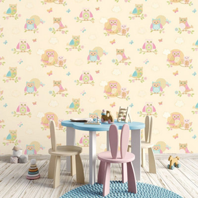 Galerie Just 4 Kids 2 Yellow Pink Blue Orange Colourful Owls Smooth Wallpaper