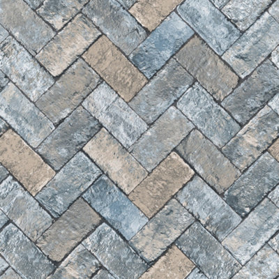 Galerie Just Kitchens Blue Herringbone Brick Wallpaper Roll