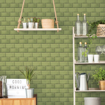 Galerie Just Kitchens Green Metro Tile Wallpaper Roll