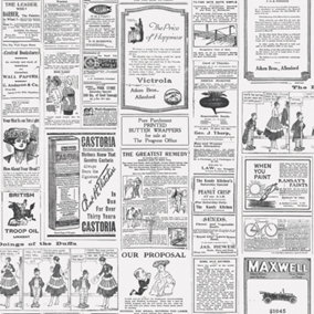 Galerie Just Kitchens White/Black Newspaper Print  Wallpaper Roll