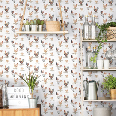 Galerie Just Kitchens White Free Range Chickens Wallpaper Roll