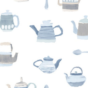 Galerie Kitchen Style 3 Blue White Beige Teapot Motif Smooth Wallpaper
