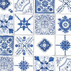 Galerie Kitchen Style 3 Blue White Retro Tiles Smooth Wallpaper