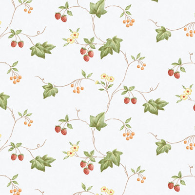 Galerie Kitchen Style 3 Red Green Yellow Orange White Strawberry & Ivy Trail Smooth Wallpaper