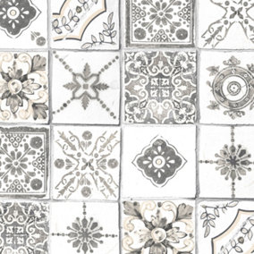 Galerie Kitchen Style 3 White Black Cream Retro Tiles Smooth Wallpaper