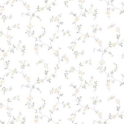 Galerie Kitchen Style 3 White Grey Beige Dainty Floral Trail Smooth Wallpaper