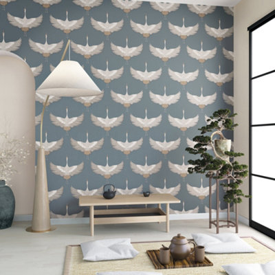 Galerie Kumano  Blue Textured Stork Wallpaper
