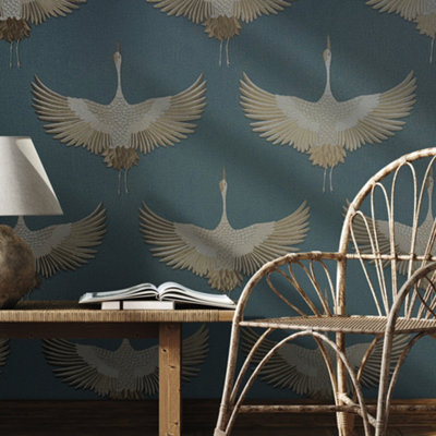 Galerie Kumano  Blue Textured Stork Wallpaper
