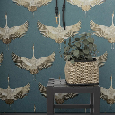 Galerie Kumano  Blue Textured Stork Wallpaper
