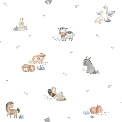 Galerie Little Explorers 2 White Farm Animals Wallpaper Roll