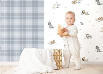 Galerie Little Explorers 2 White Farm Animals Wallpaper Roll