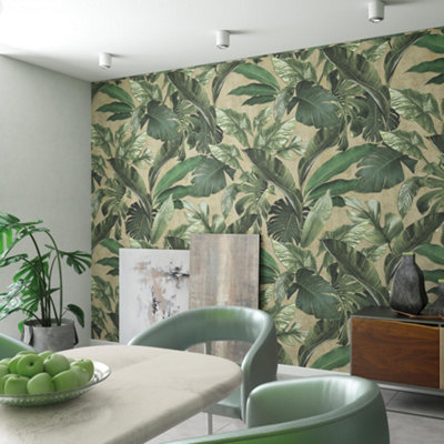 Galerie Loft 2 Green Tropical Leaves With Beige Textured Background 3-panel (3 x 2.7m) Wall Mural