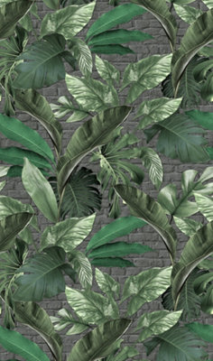 Galerie Loft 2 Green Tropical Leaves With Grey Exposed Brick Background 3-panel (3 x 2.7m) Wall Mural