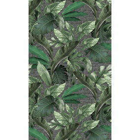 Galerie Loft 2 Green Tropical Leaves With Grey Exposed Brick Background 3-panel (3 x 2.7m) Wall Mural
