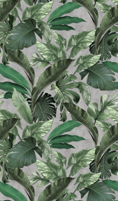Galerie Loft 2 Green Tropical Leaves With Grey Textured Background 3-Panel (3 x 2.7m) Wall Mural