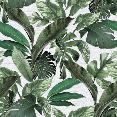 Galerie Loft 2 Green Tropical Leaves With White Exposed Brick Background 3-panel (3 x 2.7m) Wall Mural