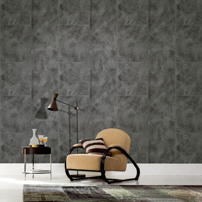 Galerie Loft Black Grey Matte Tile Textured Wallpaper