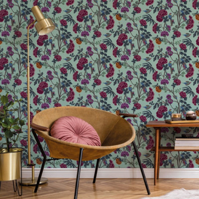 Galerie Luxe Green Red Blooms & Birds Smooth Wallpaper