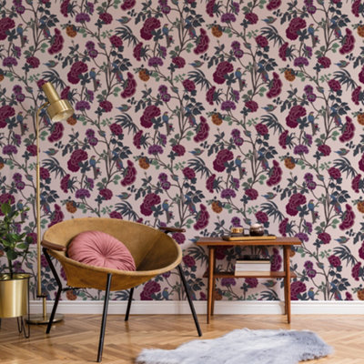 Galerie Luxe Pink Red Blooms & Birds Smooth Wallpaper