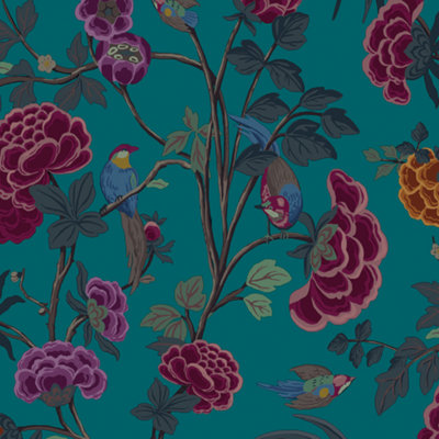 Galerie Luxe Teal Burgundy Blooms & Birds Smooth Wallpaper