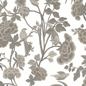 Galerie Luxe White Beige Blooms & Birds Smooth Wallpaper