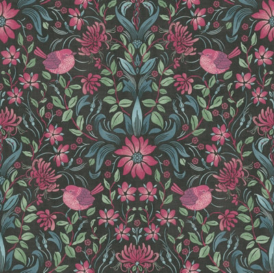 Galerie Maison Charme Black Floral Bird Motif A4 Wallpaper Sample