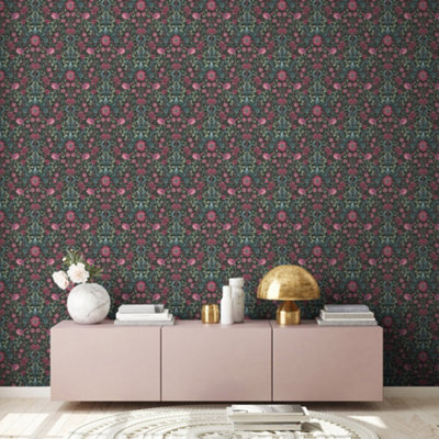 Galerie Maison Charme Black Floral Bird Motif Wallpaper Roll