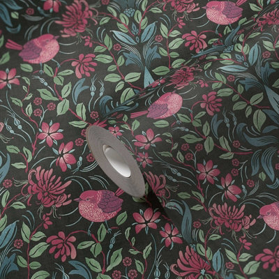 Galerie Maison Charme Black Floral Bird Motif Wallpaper Roll