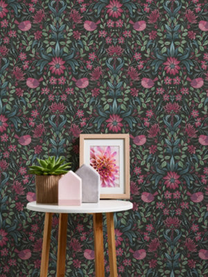 Galerie Maison Charme Black Floral Bird Motif Wallpaper Roll