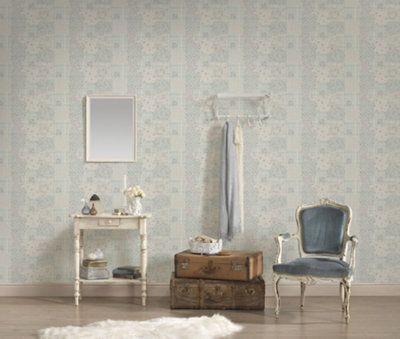 Galerie Maison Charme Blue/Grey Patchwork Vintage Floral Motif Wallpaper Roll