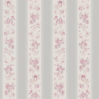 Galerie Maison Charme Grey Vintage Rose Stripe Motif Wallpaper Roll