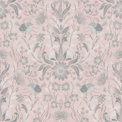 Galerie Maison Charme Pink Floral Bird Motif Wallpaper Roll