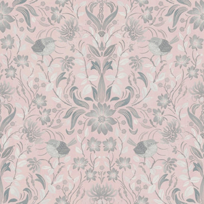 Galerie Maison Charme Pink Floral Bird Motif Wallpaper Roll