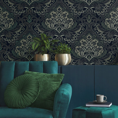 Galerie Mulberry Tree Black Floral Damask Wallpaper Roll