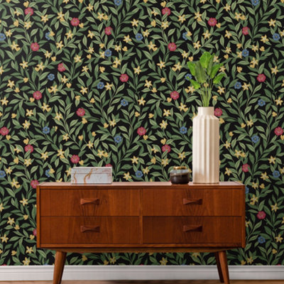 Galerie Mulberry Tree Black Multicoloured Floral Leaf Wallpaper Roll