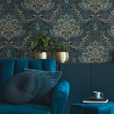 Galerie Mulberry Tree Blue Floral Damask Wallpaper Roll