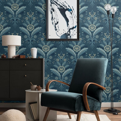 Galerie Mulberry Tree Blue Floral Leaf Wallpaper Roll